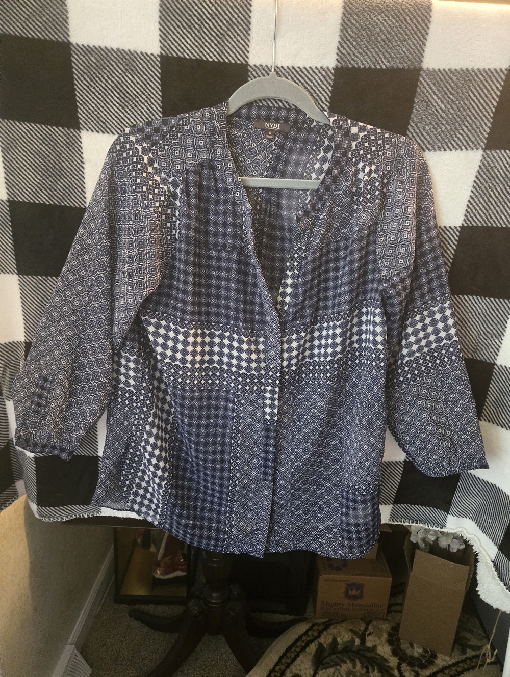 NYDJ Navy and White Mixed Print Button-Front Top